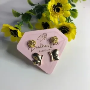 Brinco Dourado Duplo Borboleta e Rosa Banhado a Ouro 18k