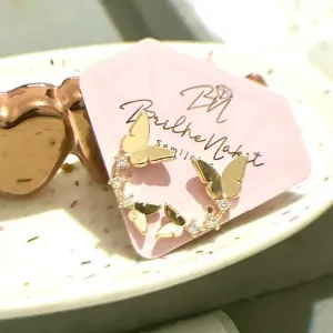 Brinco Ear Cuff Borboletas e Zircônias Banhado a Ouro 18k