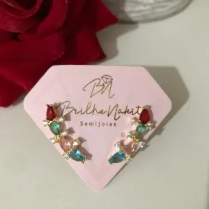 Brinco Ear Cuff em Cristais Colorido Banhado a Ouro 18k