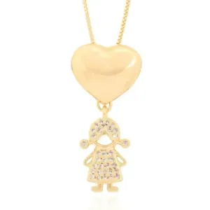 Colar Com Pingente Filho Coração Liso e Menina Cravejada em Microzircônias 45cm + 5cm Extensor Banhado a Ouro 18k