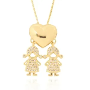Colar Com Pingente De Filho Coração Liso com Duas Meninas Microzircônias 45cm + 5cm Extensor Banhado a Ouro 18k