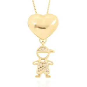 Colar Com Pingente Filho Coração Liso com Menino Cravejado em Microzircônias 45cm + 5cm Extensor Banhado a Ouro 18k