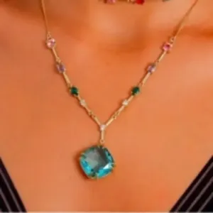 Colar Gravata Pedra Turmalina e Pedraria Color 50cm Banhado a Ouro 18k