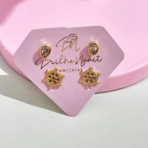 Brinco Duplo Leme e Ponto de Luz Gota Banhado no Ouro 18k