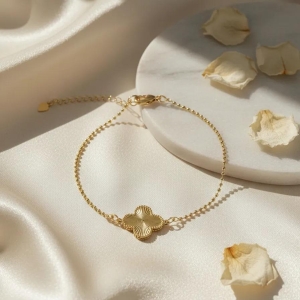 Pulseira Corrente Bolinha com Trevo Dourado 16cm + 5cm Banhado a Ouro 18k