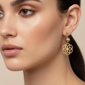 Brinco Bola Lisa com Pingente Flor Banhado a Ouro 18k