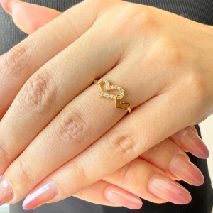 Anel Duplo Coração Liso e Cravejado com Zircônias Banhado a Ouro 18k