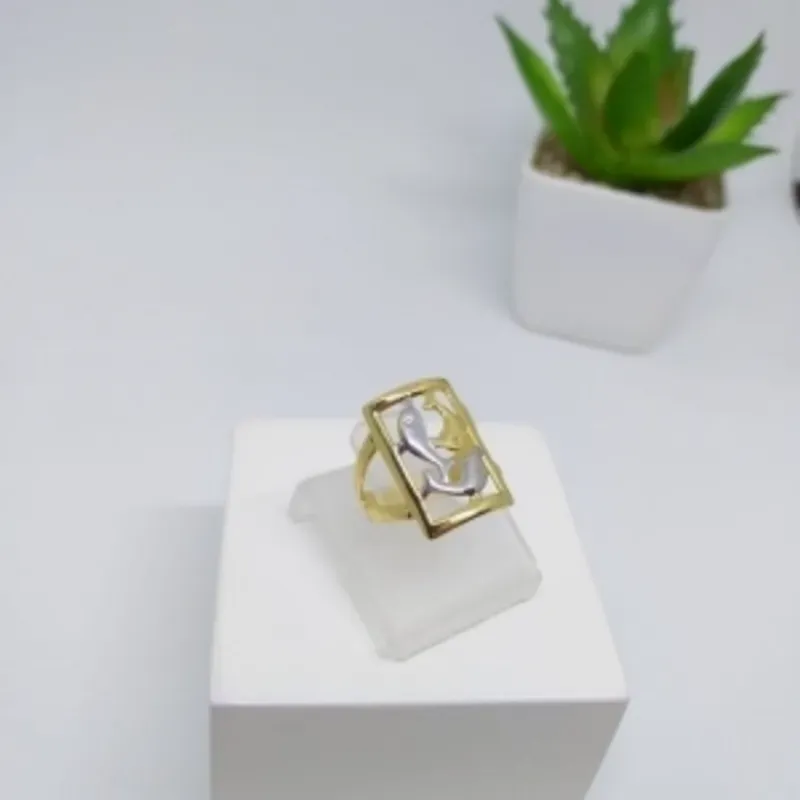 Anel Dourado 3 Golfinhos Ródio e Dourado Banhado a Ouro 18k