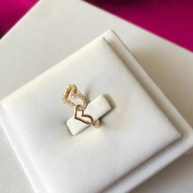 Anel Duplo Coração Liso e Cravejado Banhado a Ouro 18k