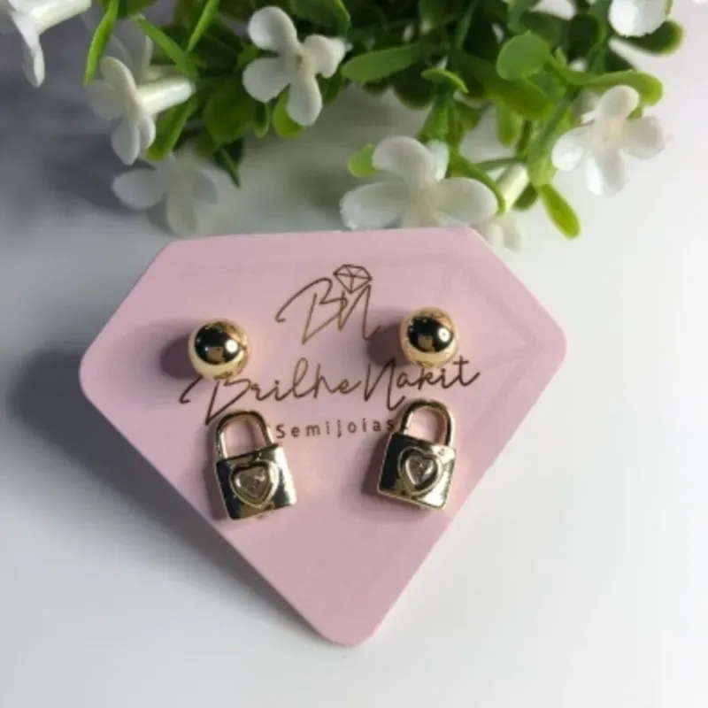 Brinco Duplo Cadeado e Bola Lisa Banhado a Ouro 18k