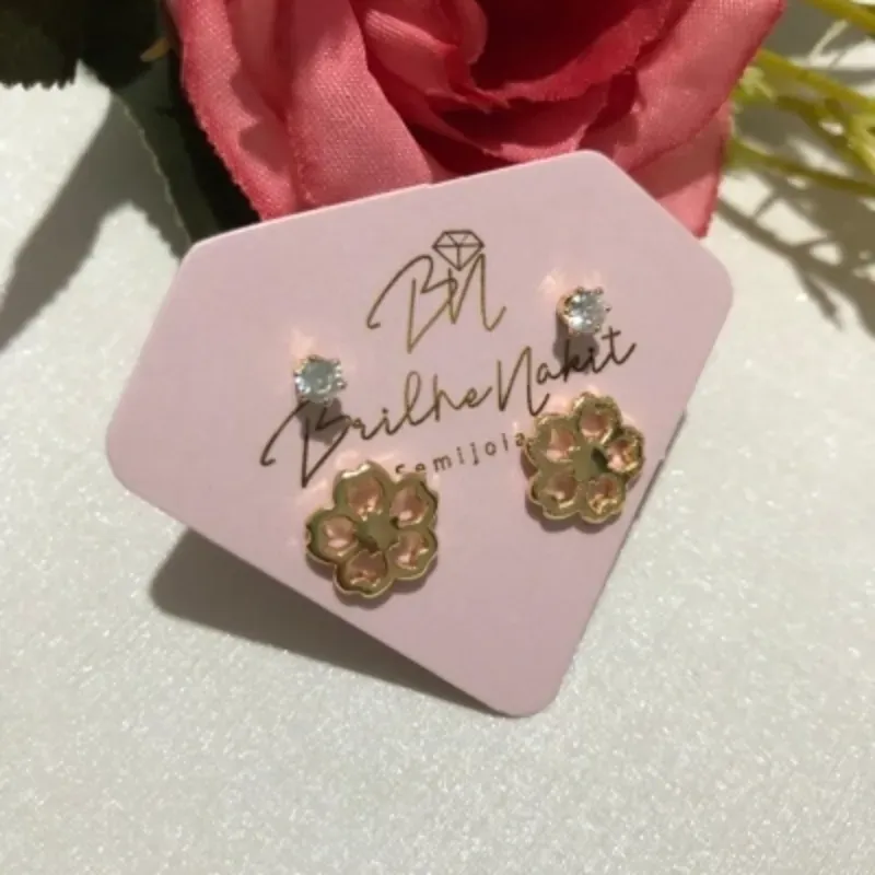 Brinco Duplo Flor e Ponto de Luz Banhado a Ouro 18k