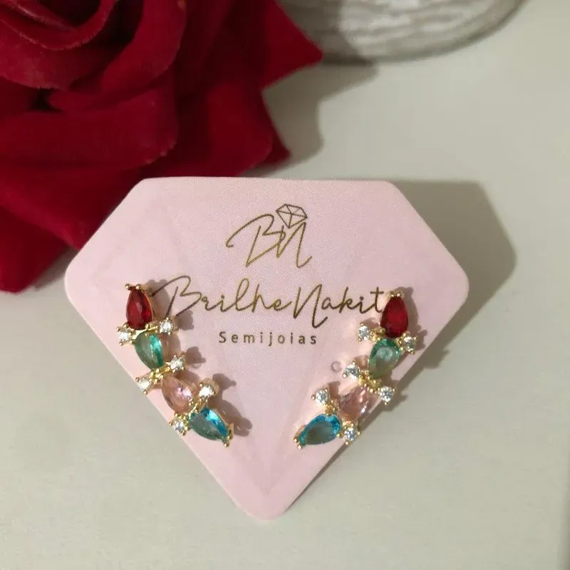 Brinco Ear Cuff em Cristais Colorido Banhado a Ouro 18k