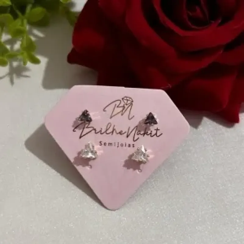 Brinco Duplo Triangulo Cristal e  Ametista Banhado a Ouro 18k