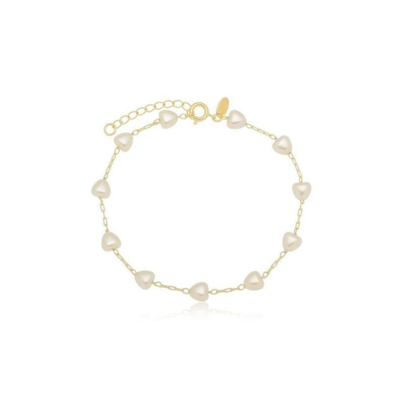 Pulseira Mini Corações em Pérolas 15cm + 5cm Banhado a Ouro 18k