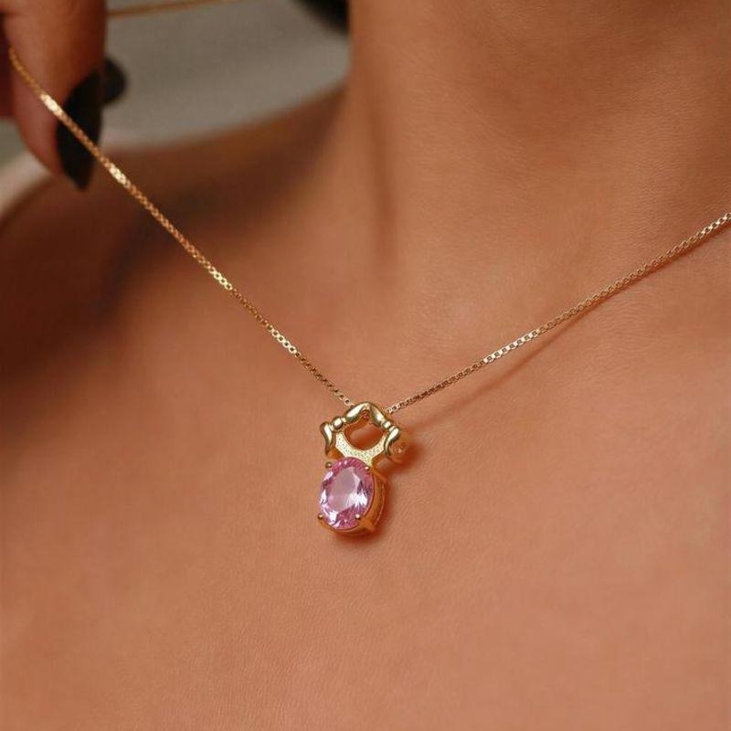 Colar Menina Coração Rosa 45cm Banhado a Ouro 18k