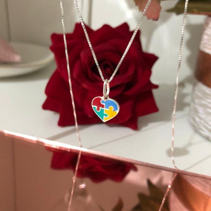 Colar Coração Autismo Quebra Cabeça (45cm) Prata 925