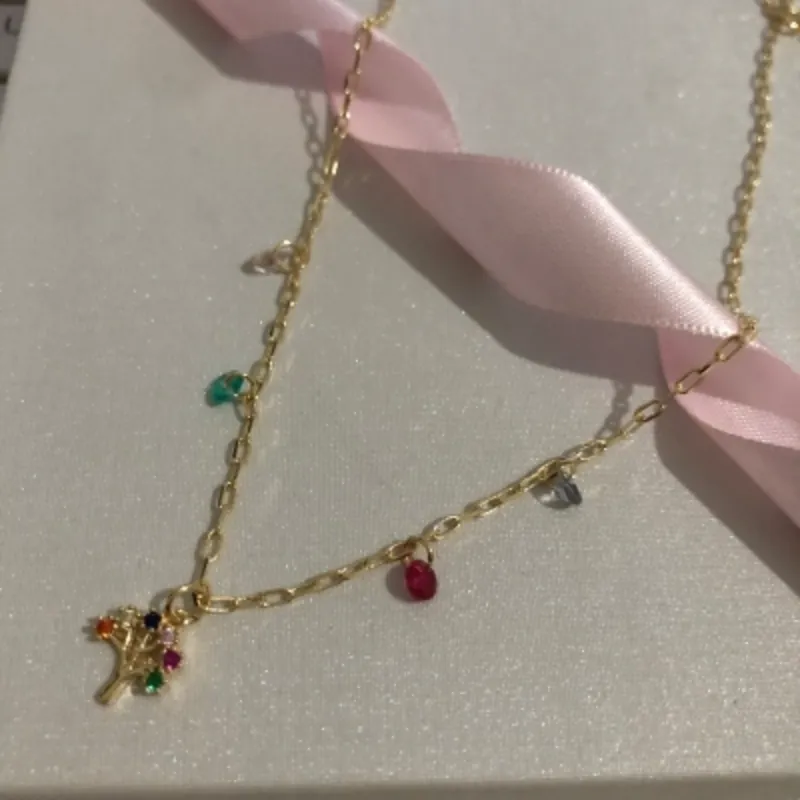 Colar Cartier com Pingente Árvore Cravejada e Zircônias Multicolor 40cm + 5cm Banhada no Ouro 18k