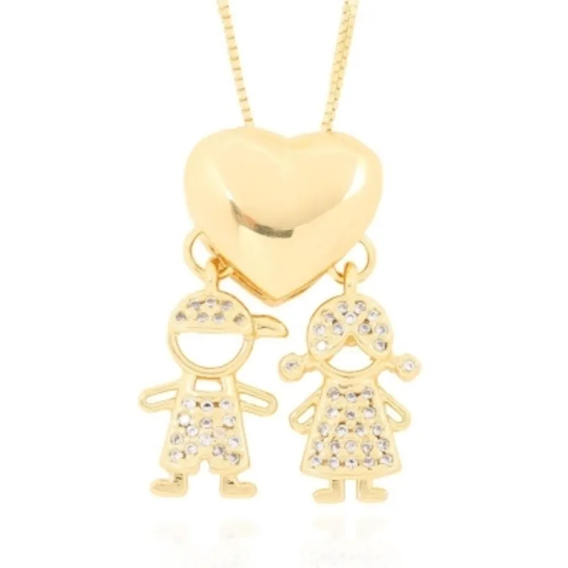 Colar Coração Liso Com Pingente Casal de Filhos Cravejado em Microzircônia 45cm + 5cm Extensor Banhado a Ouro 18k