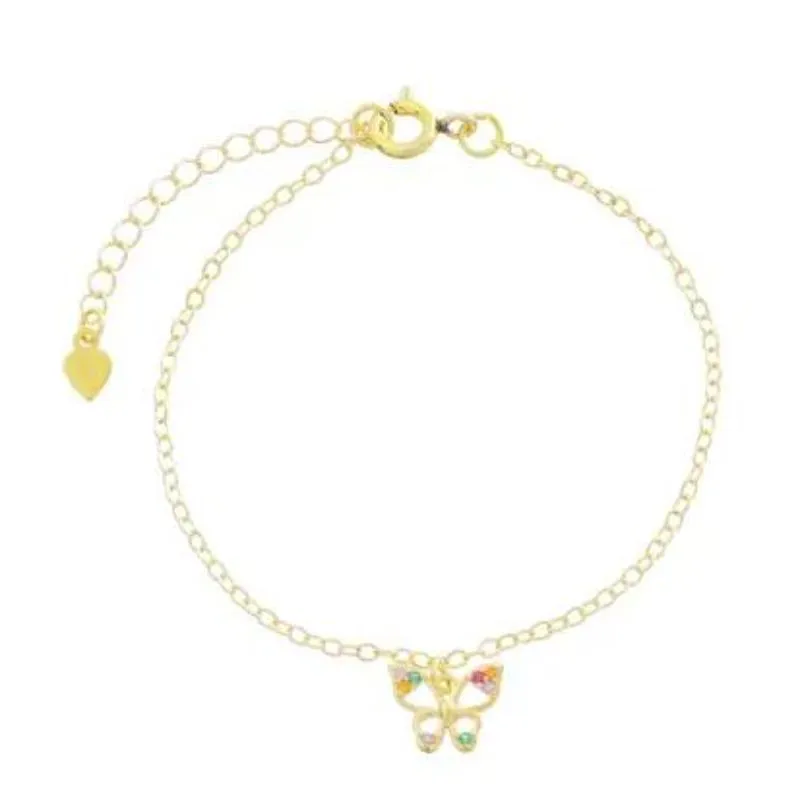 Colar Infantil com Pingente Borboleta Cravejada em Micro Zircônias Color 35cm + 3cm Banhada a Ouro 18k