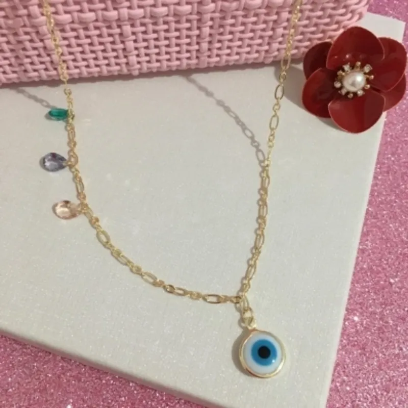 Colar Três Cristais Color com Pingente Olho Grego 45cm + 5cm Banhado a Ouro 18k
