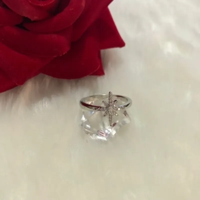 Anel Estrela 6 Pontos Cravejada em Zircônia Banhado a Ródio Branco