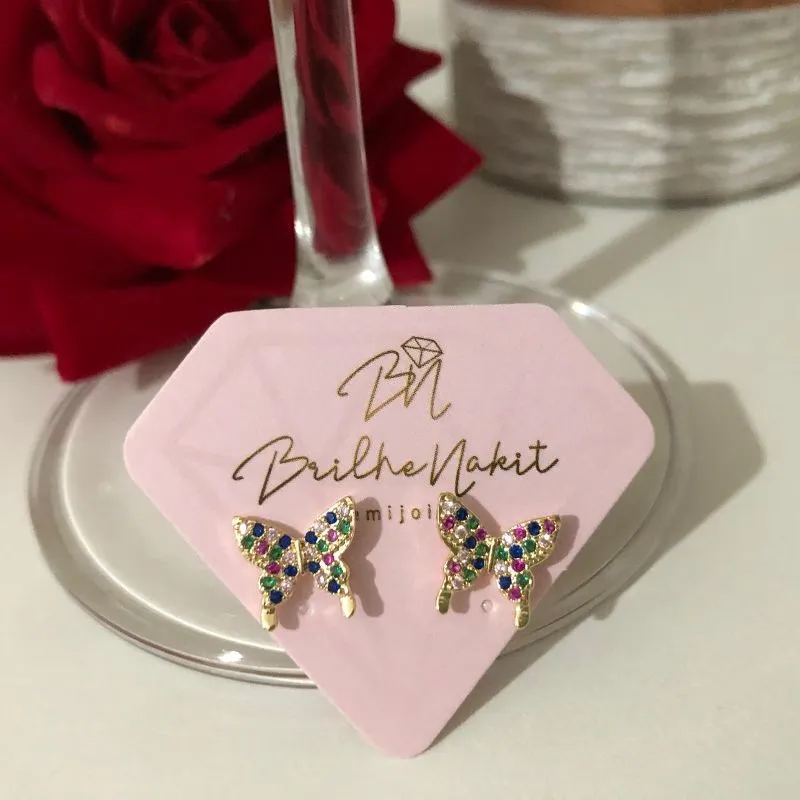 Brinco Borboleta Cravejada com Microzirconias Color Banhado a Ouro 18k