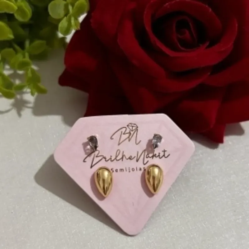 Brinco Duplo Gota Lisa e Gota Cristal Ametista Banhado a Ouro 18k