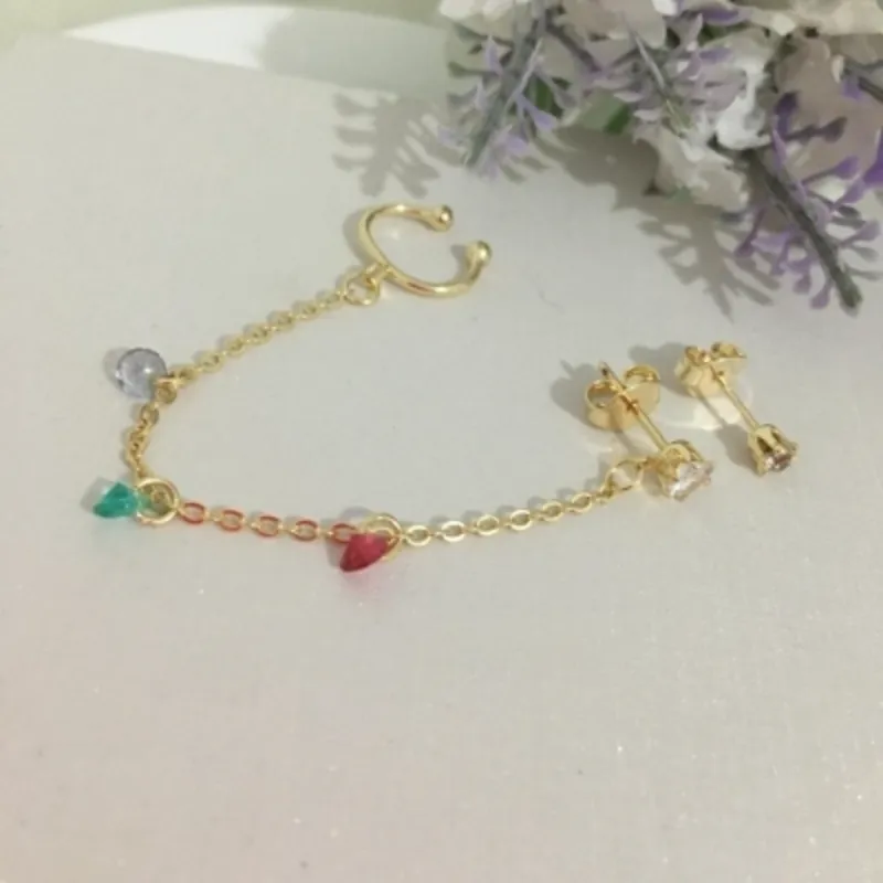 Brinco Ear Line Três Cores Cristais e Ponto de Luz Banhado a Ouro18k