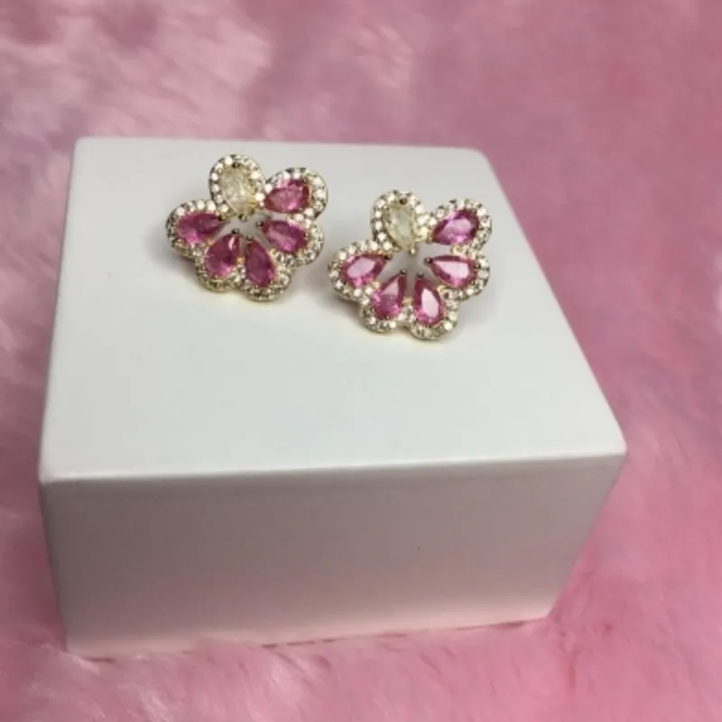 Brinco Festa Gotas Rubi Cravejado de Zircônia Banhado a Ouro 18k