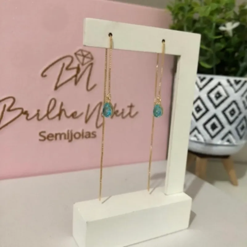 Brinco Fio Passante Gota Aquamarine Banhado a Ouro 18k