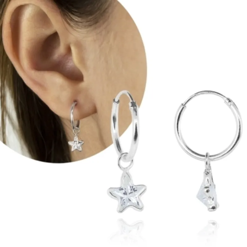 Brinco Prata 925 Argolinha com Pingente Estrela Zircônia