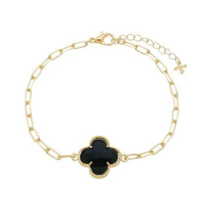 Pulseira Elo Cartier com Trevo Preto 16cm + 5cm Banhado a Ouro 18k