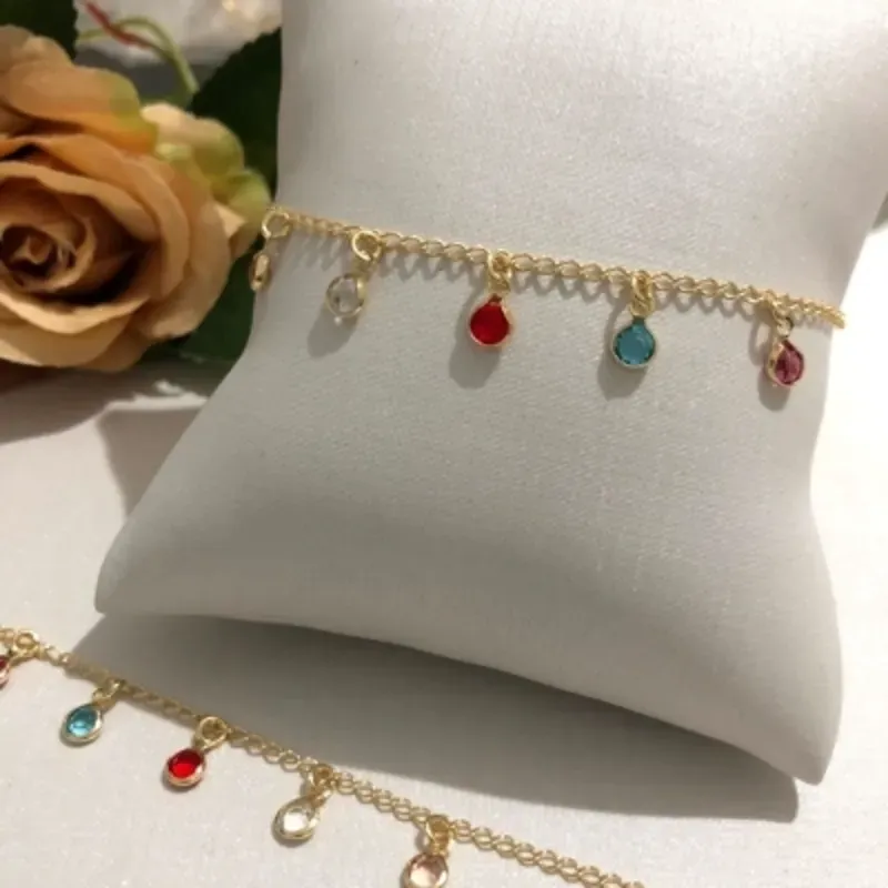 Pulseira Infantil com Pingentes Cristal Color 14cm Banhado a Ouro 18k