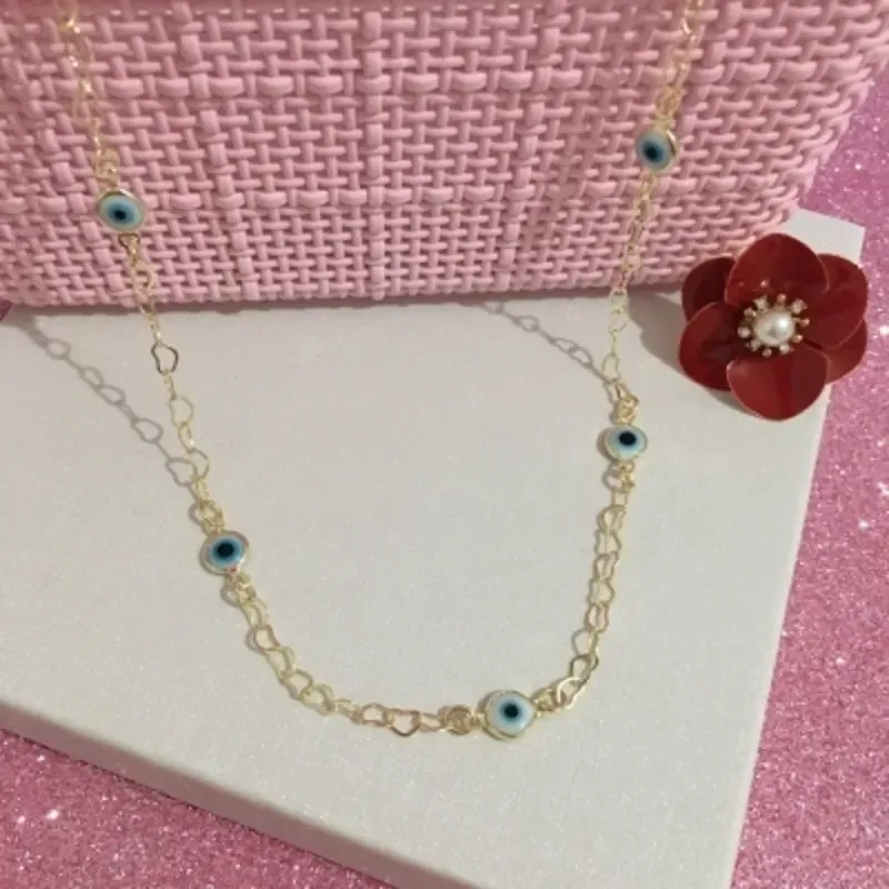 Choker  Elos de Coração com Olho Grego 30cm + 10cm Banhado a Ouro 18k