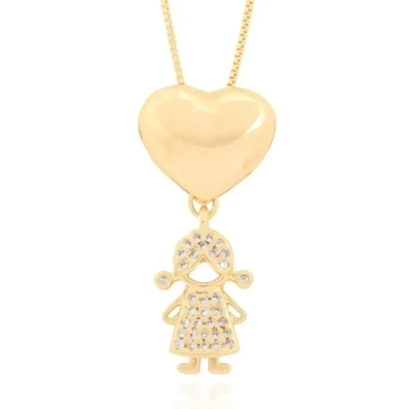Colar Com Pingente Filho Coração Liso e Menina Cravejada em Microzircônias 45cm + 5cm Extensor Banhado a Ouro 18k