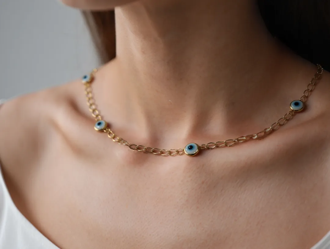 Choker  Elos de Coração com Olho Grego 30cm + 10cm Banhado a Ouro 18k