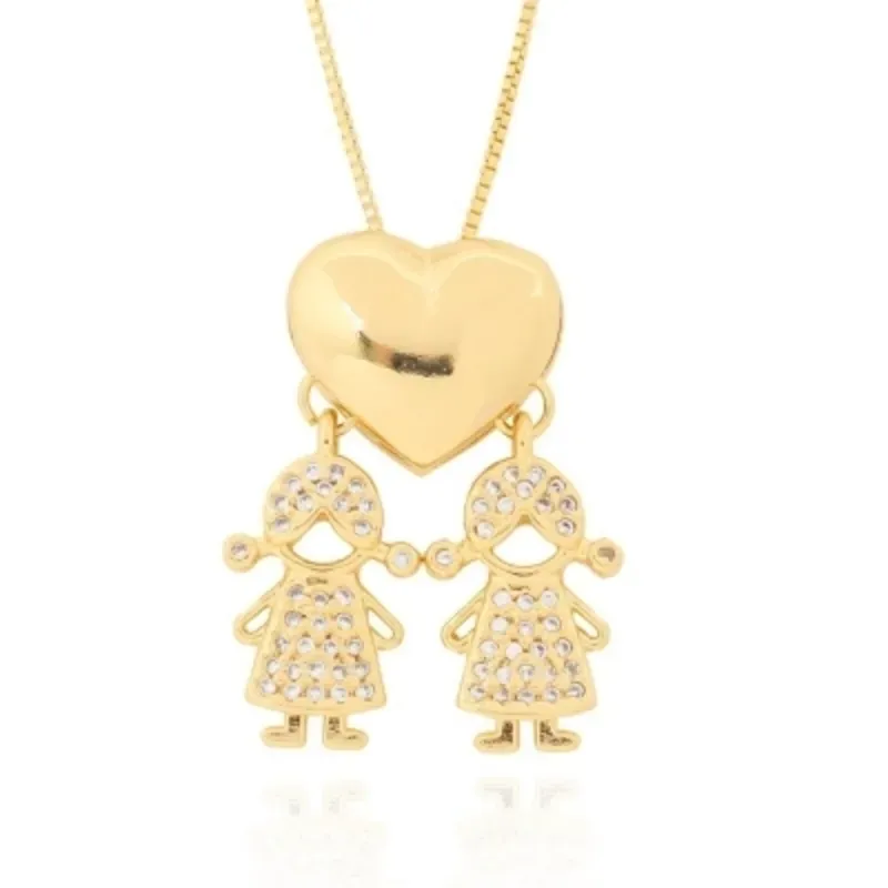 Colar Com Pingente De Filho Coração Liso com Duas Meninas Microzircônias 45cm + 5cm Extensor Banhado a Ouro 18k