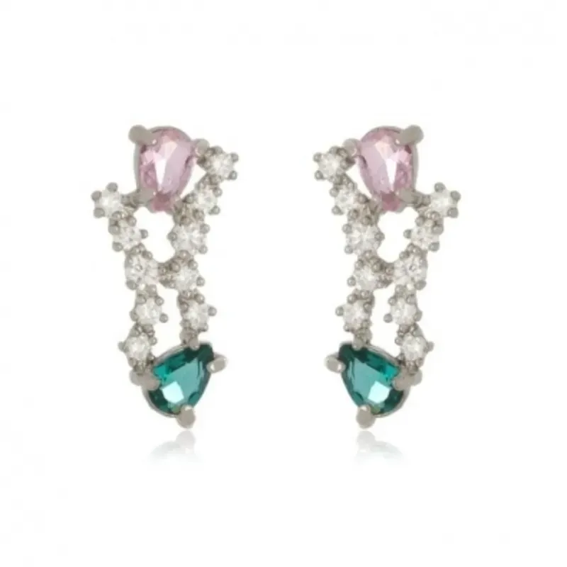 Brinco Dourado EarCuff com Pedras Turmalinas, Fucsia e Cristal