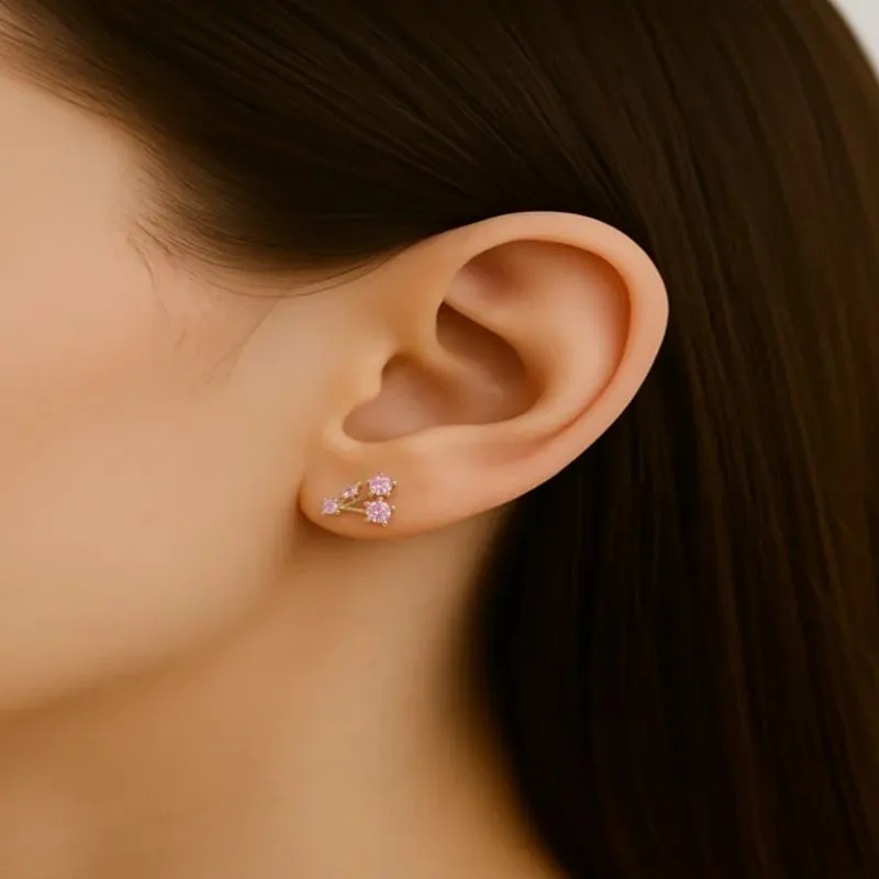 Brinco Buquê de Flores Rosa Banhado a Ouro 18k