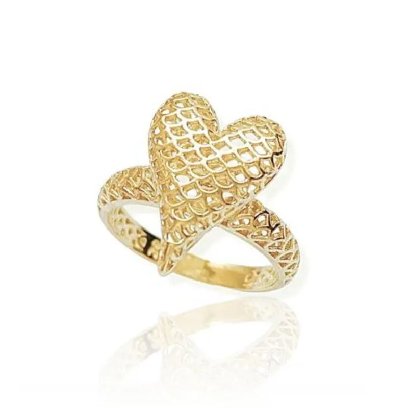 Anel Coração Esticado Rendado Banhado a Ouro 18k