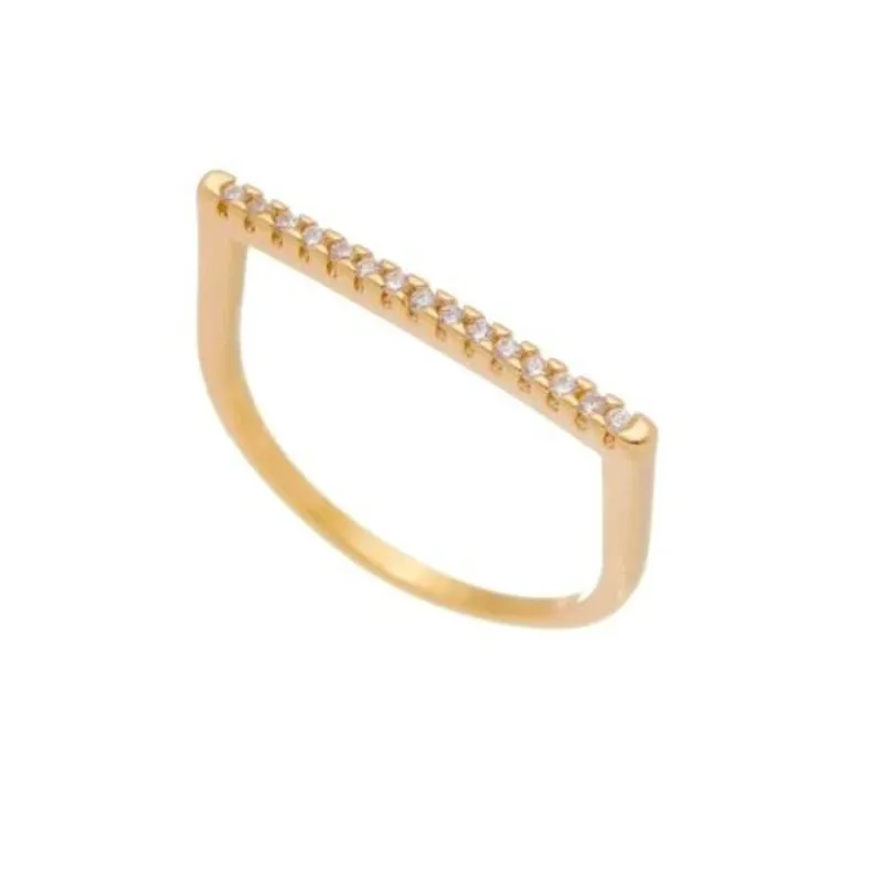 Anel Meia Aliança Quadrada Cravejada em Microzirconias Banhada a Ouro 18k