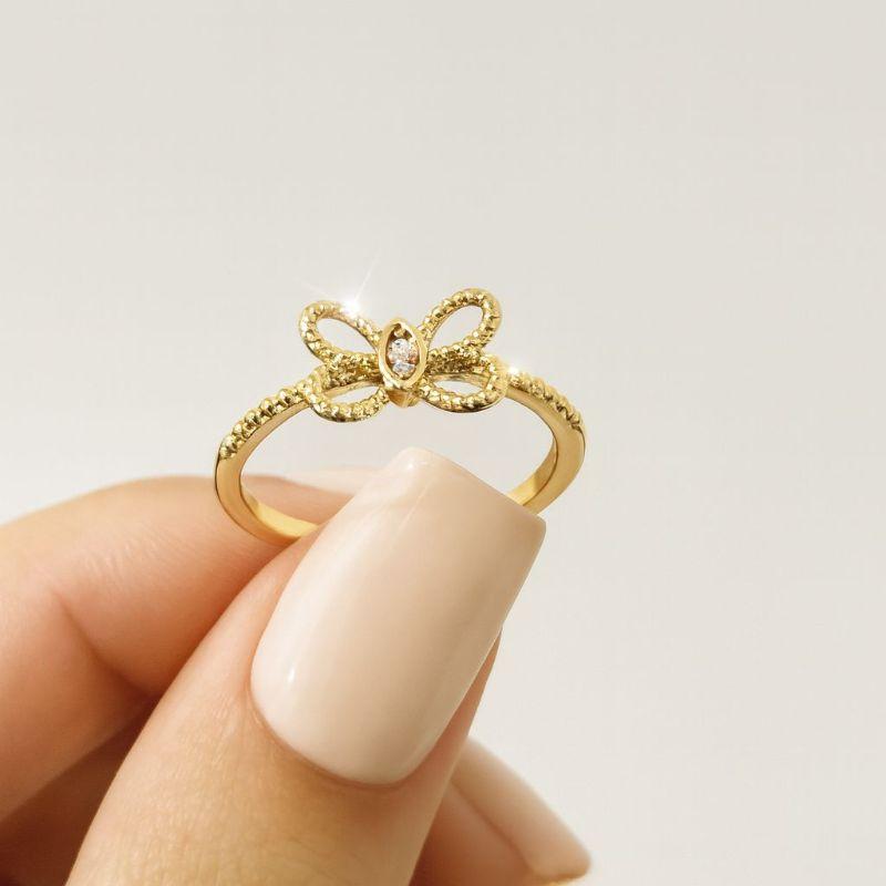 Anel com Aro Bolinha e Borboleta com Zircônia Banhado a Ouro 18k