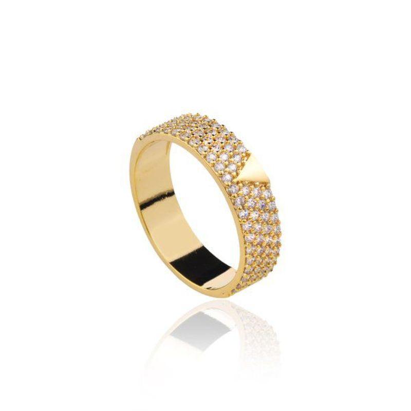 Anel Cravejado em Microzircônias e com Detalhe Triângulo Banhado a Ouro 18k