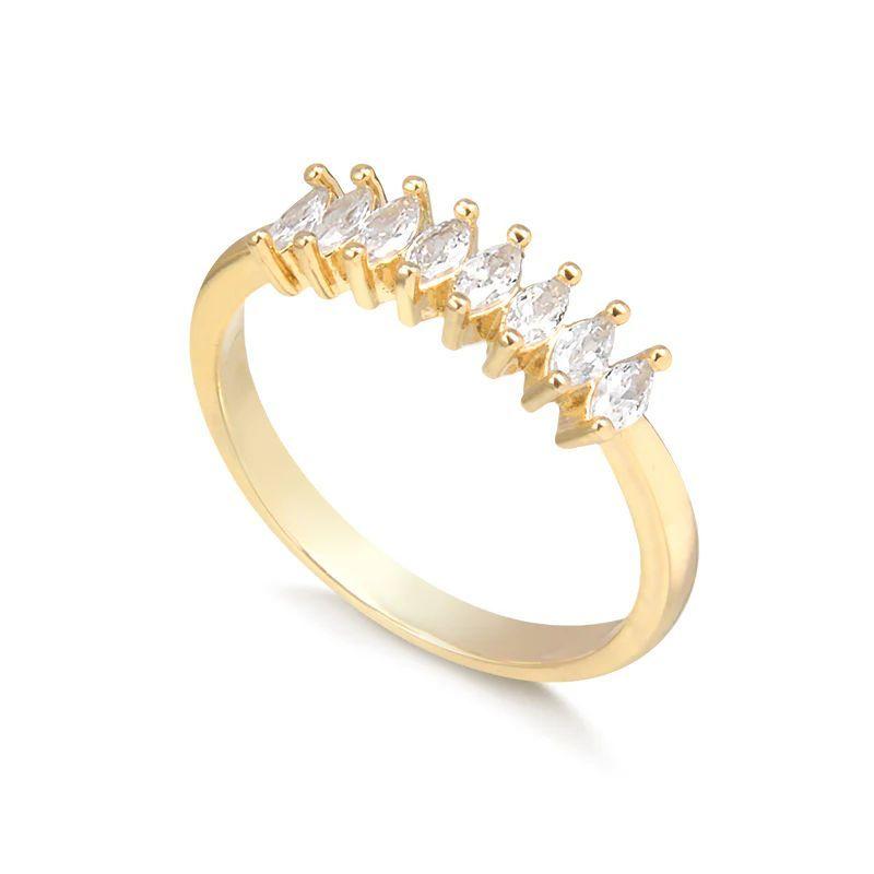 Anel Meia Aliança com Zircônias Navete Banhado a Ouro 18k