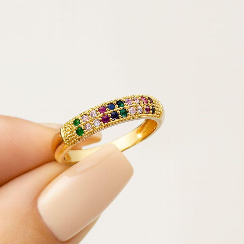 Anel Meia Aliança Cravejada com Zircônia Color Banhado a Ouro 18k