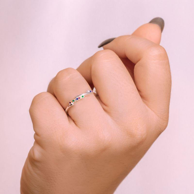 Anel Meia Aliança Escadinha Cravejada em Micro Zircônias Coloridas Prata 925