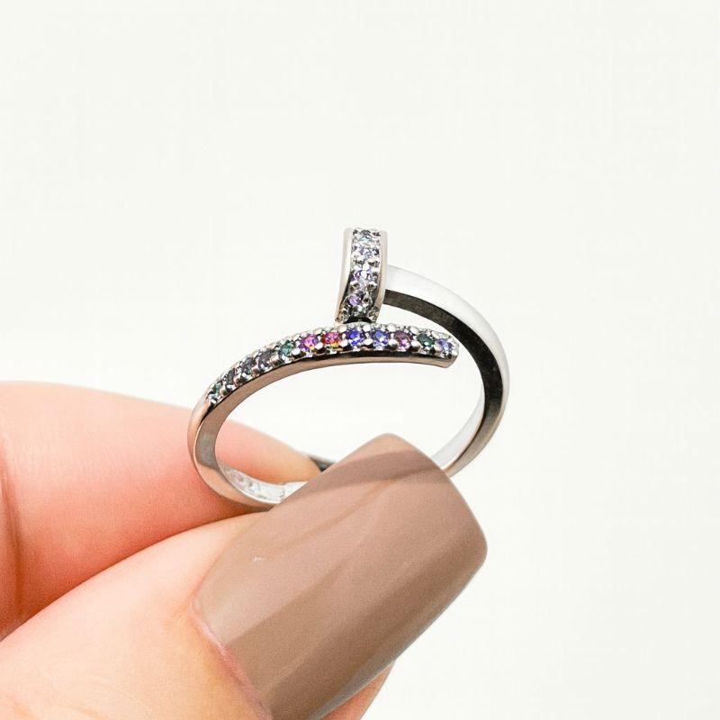 Anel Prego Ajustável Cravejado em Microzirconias Color Banhado a Ródio Branco