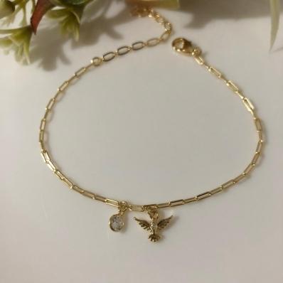 Pulseira Com Pingente Espirito Santo e Pedra de Zircônia 15cm + 5cm Banhado a Ouro 18k