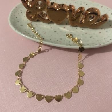 Pulseira Dourada Plaquinhas de Coração 17cm + 5cm Banhado a Ouro 18k