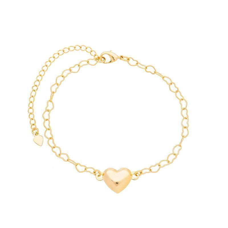 Pulseira Elos Coração com Coração Central 17cm + 5cm Banhado a Ouro 18k